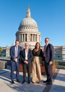 Charlie Walker, Pippa Dale, Elena Chimonides, and Jim Moran at the London Stock Exchange Investor’s Dinner with St Paul’s Cathedral in the background – image by Collective Images